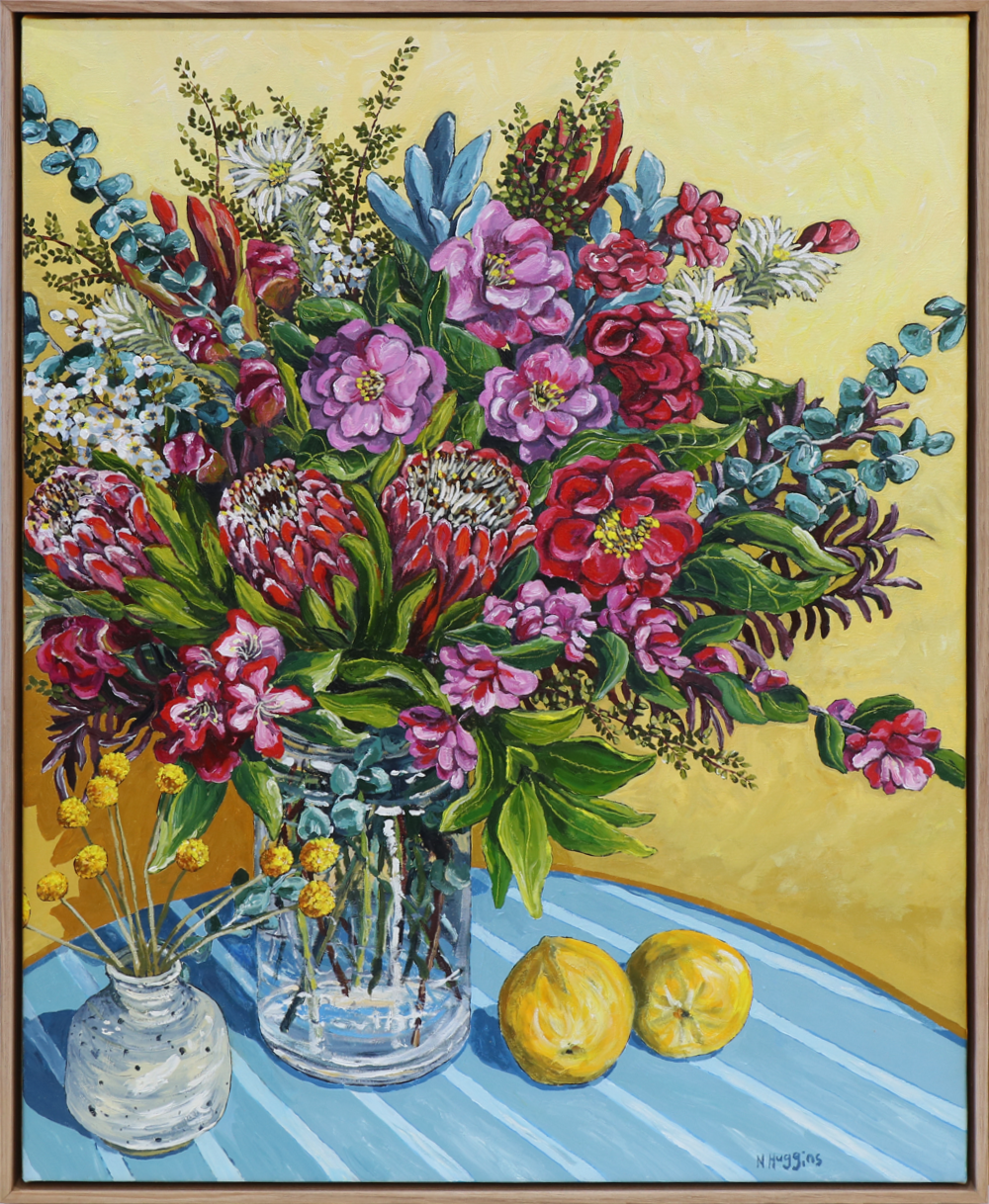 Camellia&#39;s and Proteas on lemon Narelle Huggins The Happiness project