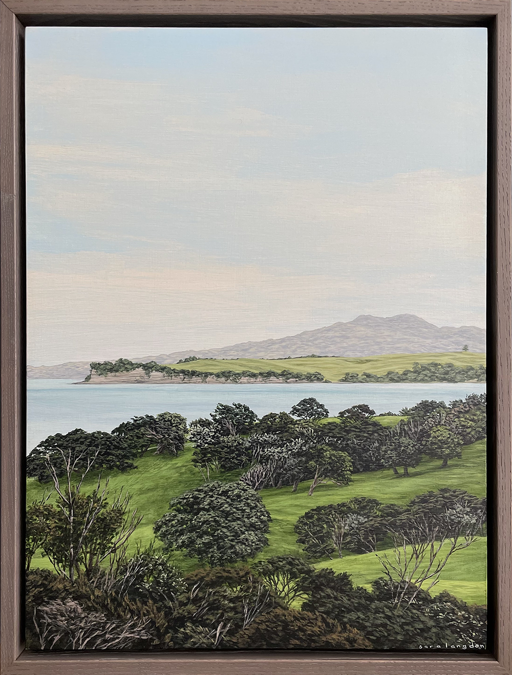 Three Islands (Waiheke towards Mototapu & Rangitoto) acrylic painting by Sara Langdon