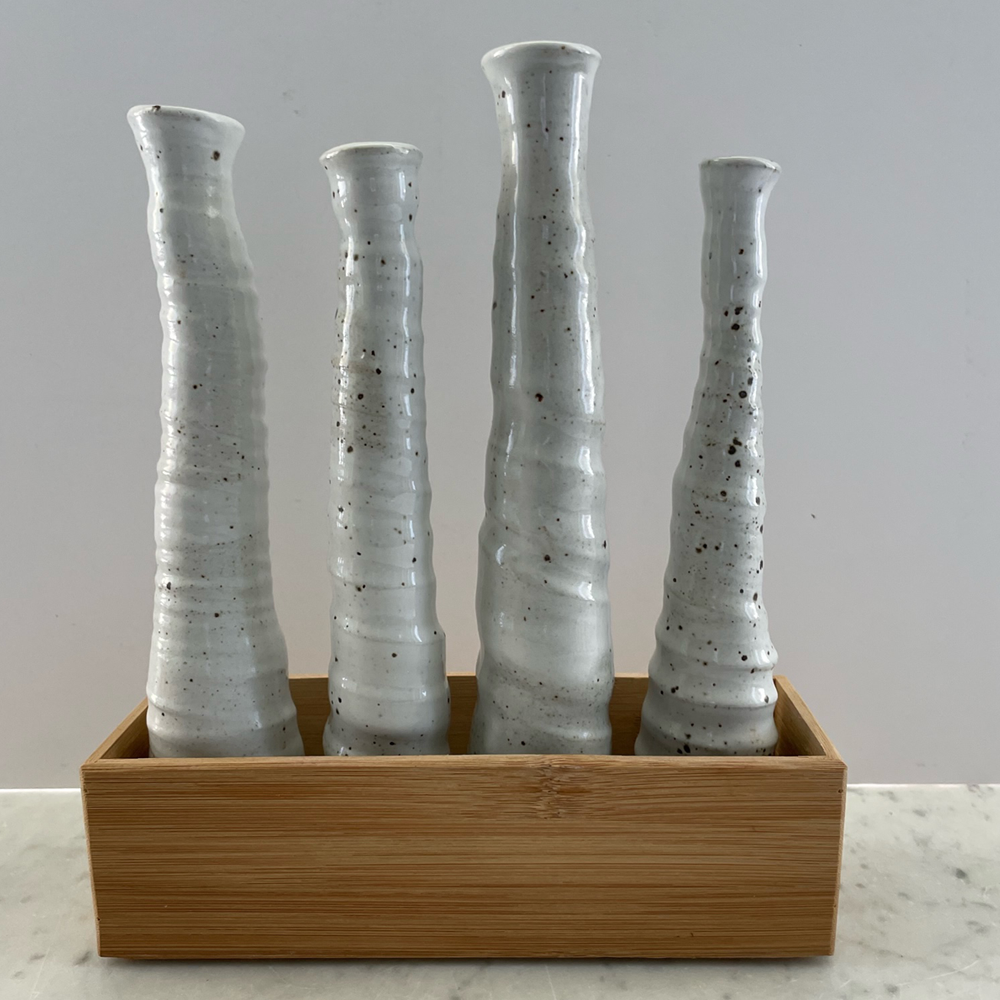 Box Stand with Four White Vases, wheel thrown stoneware, Jacqueline Kampen