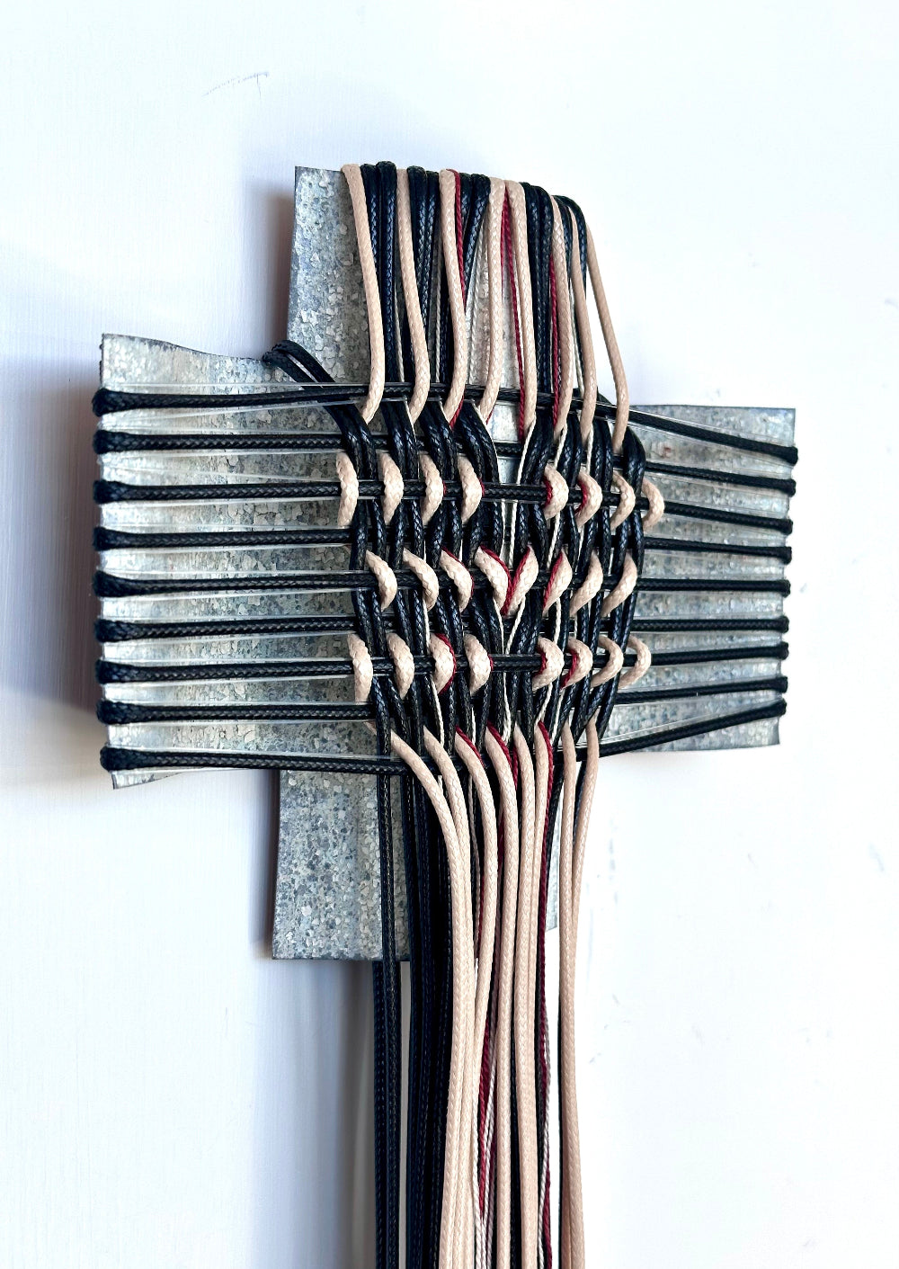 Aotearoa - Heritage River VIII, Gilly Sheffield, wall hanging made from iron rescued from Northland, woven with waxed cord, mercerised thread and fishing line.