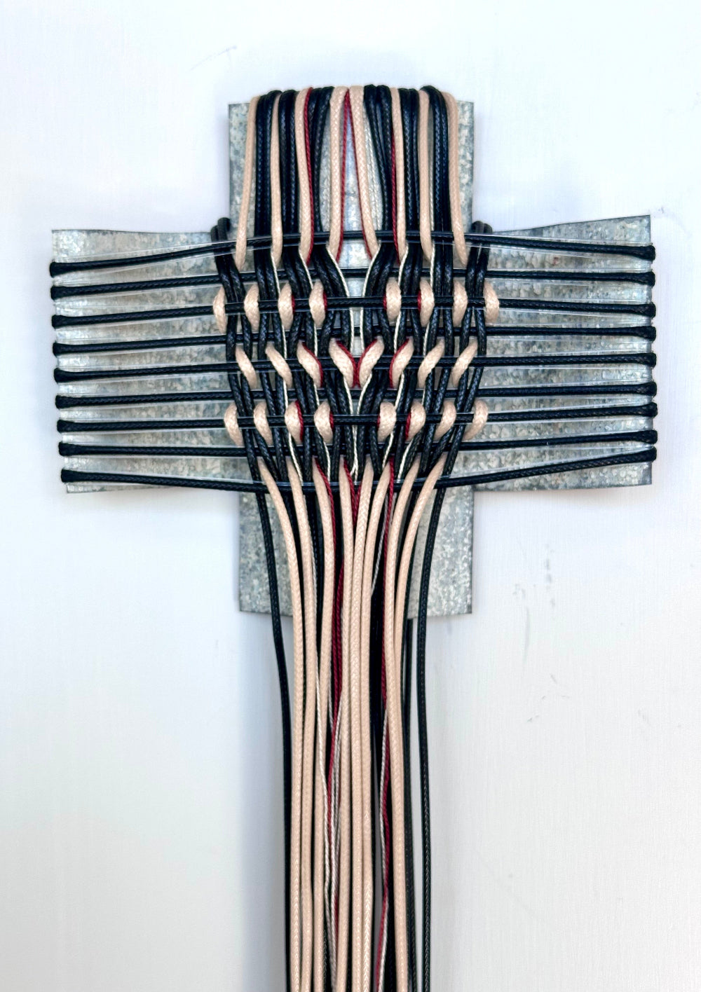 Aotearoa - Heritage River VIII, Gilly Sheffield, wall hanging made from iron rescued from Northland, woven with waxed cord, mercerised thread and fishing line.