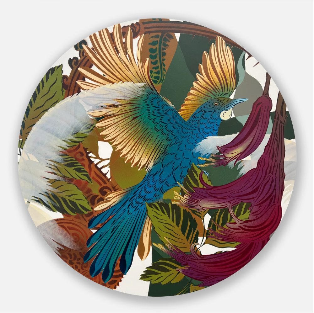 Golden Tui2 and Harakeke Print | FLOX | Turua Gallery