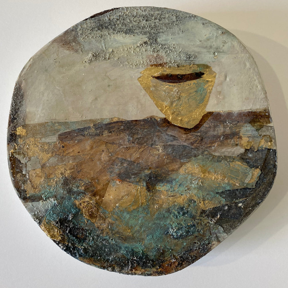 Tablet 33. Mixed media with vessel image. Gold leaf. Jody Hope Gibbons