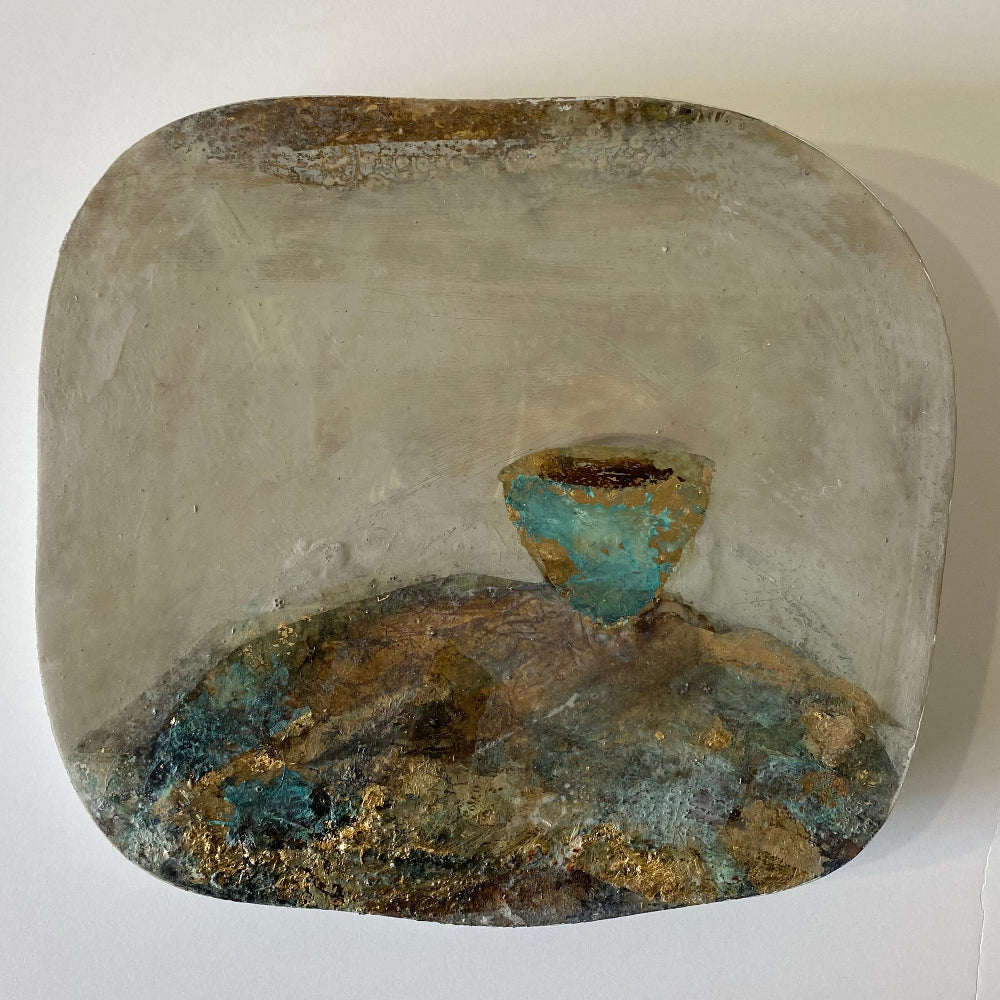 Tablet 32. Mixed media with vessel image. Gold leaf. Jody Hope Gibbons