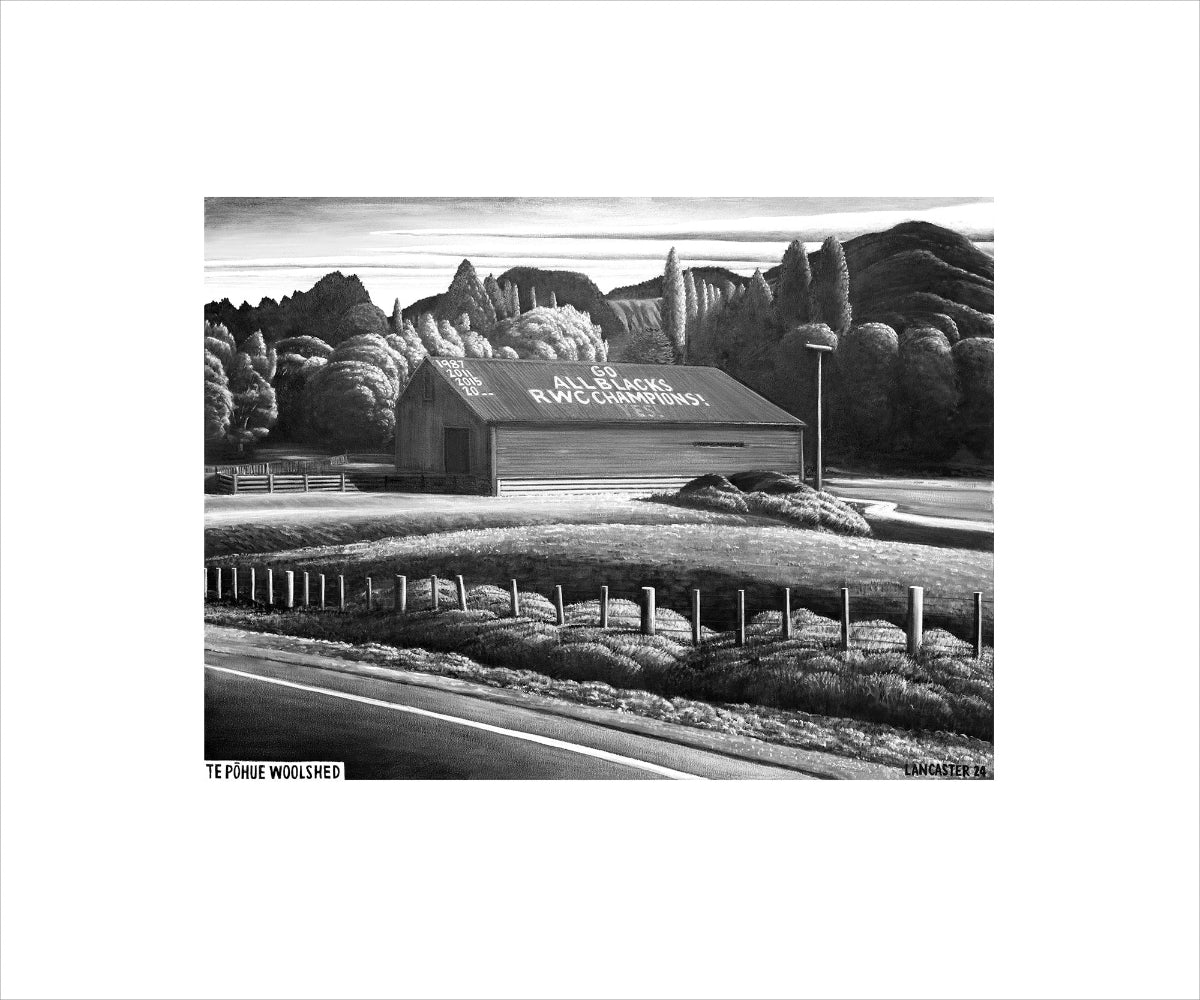 Josh Lancaster | Josh Lancaster Te Pohue Woolshed (Black and White) | Fine Art Print | Turua Gallery 