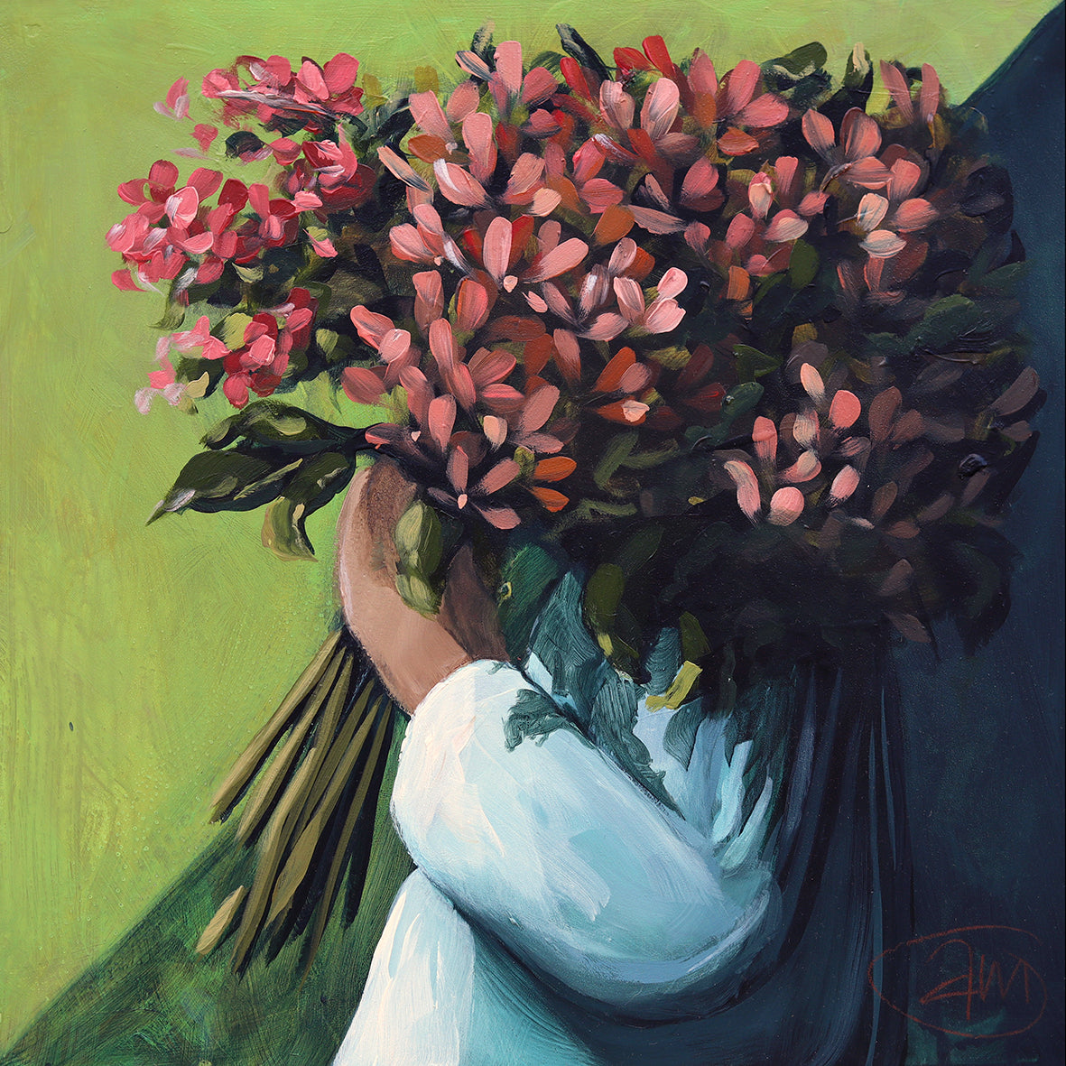 Painting of a woman holding a bunch of pink hydrangeas