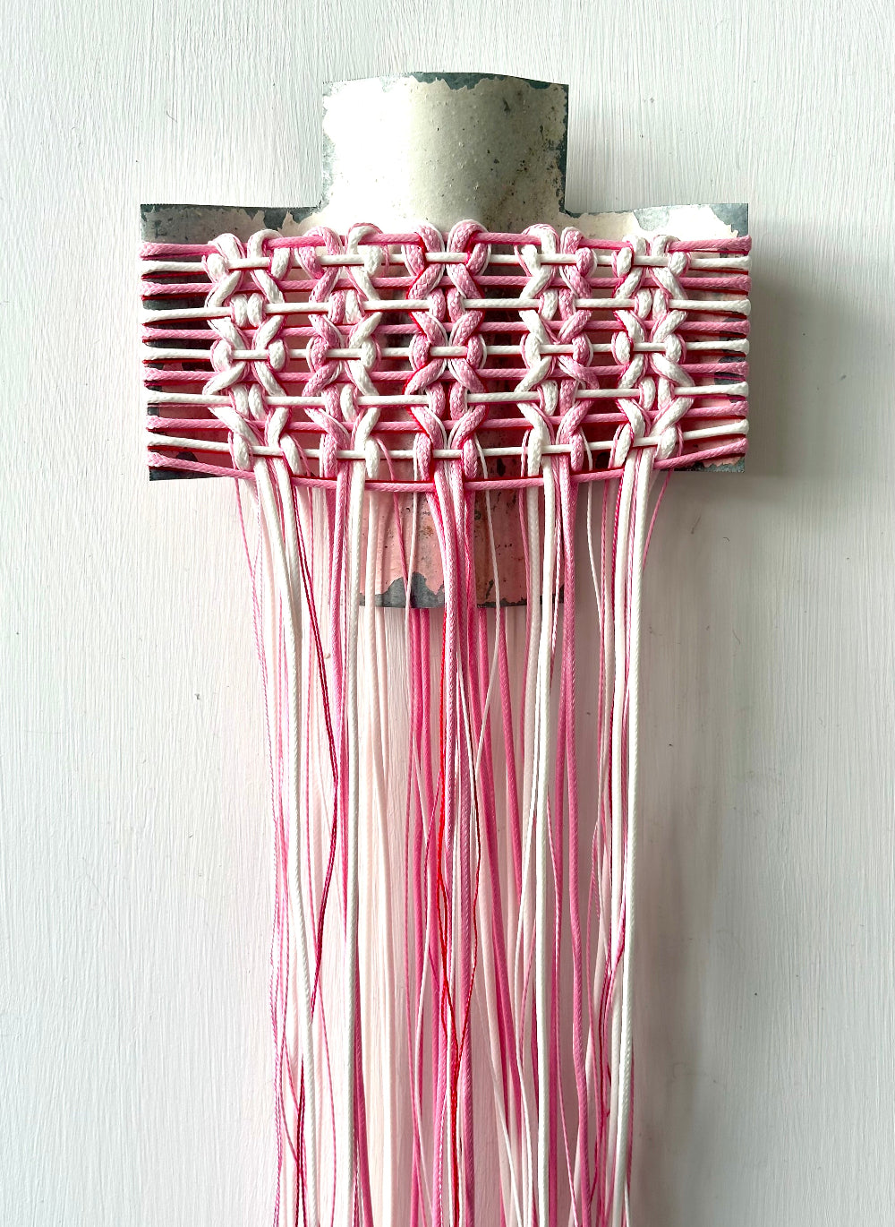 Tickled Pink Cloak, Gilly Sheffield, rescued corrugated iron cross with thread