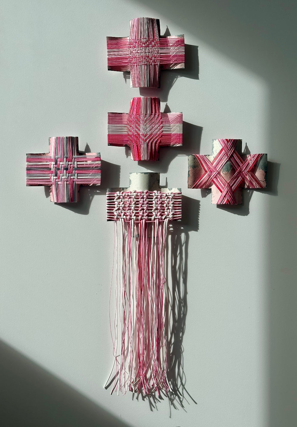 Tickled Pink Group, Gilly Sheffield, rescued corrugated iron cross with thread