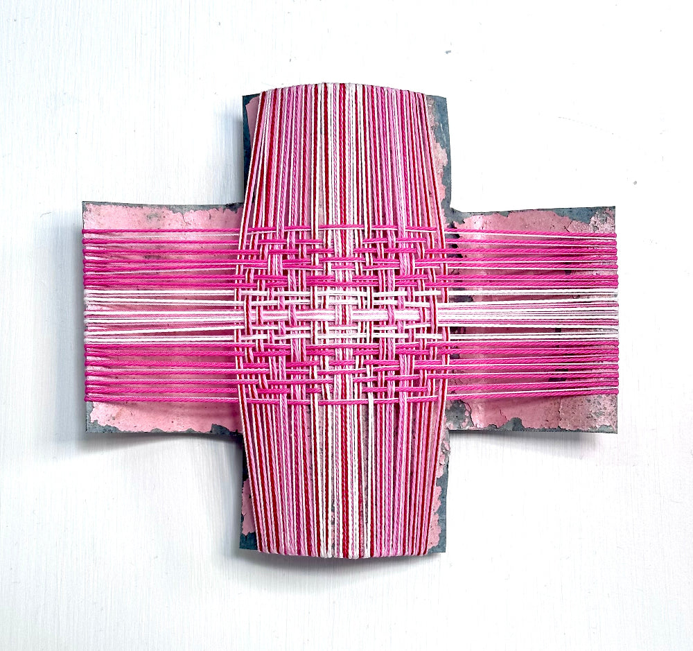 Tickled Pink III, Gilly Sheffield, rescued corrugated iron cross with thread