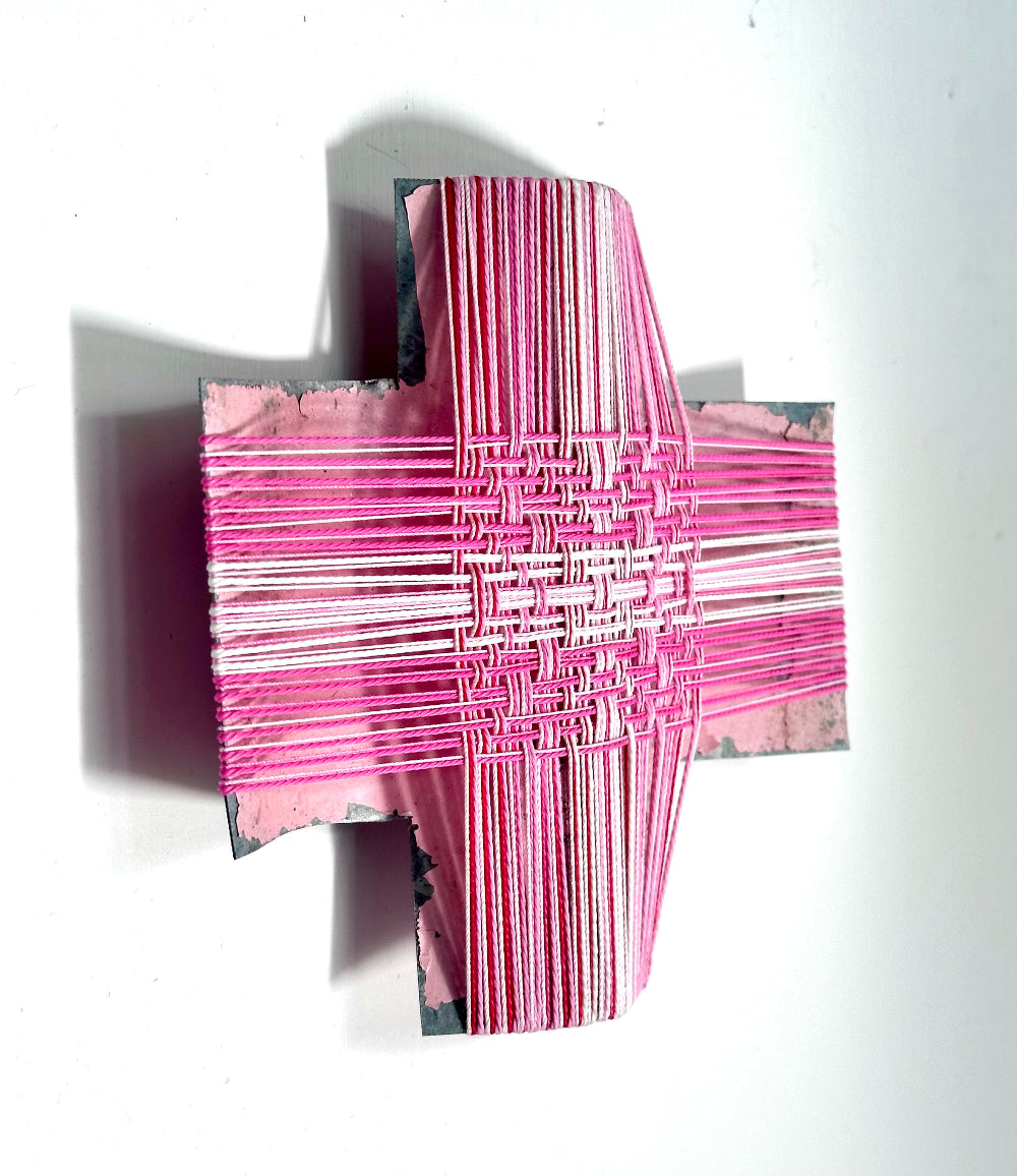Tickled Pink III, Gilly Sheffield, rescued corrugated iron cross with thread