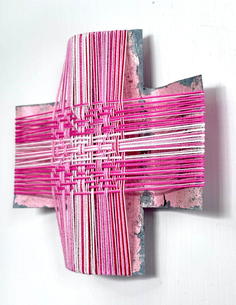 Tickled Pink III, Gilly Sheffield, rescued corrugated iron cross with thread