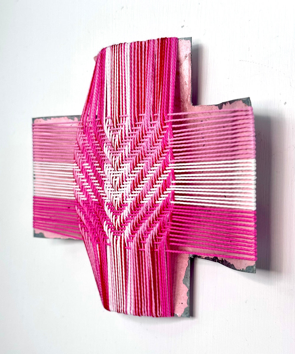 Tickled Pink II, Gilly Sheffield, rescued corrugated iron cross with thread