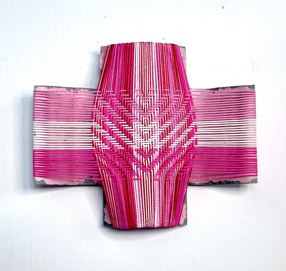 Tickled Pink II, Gilly Sheffield, rescued corrugated iron cross with thread
