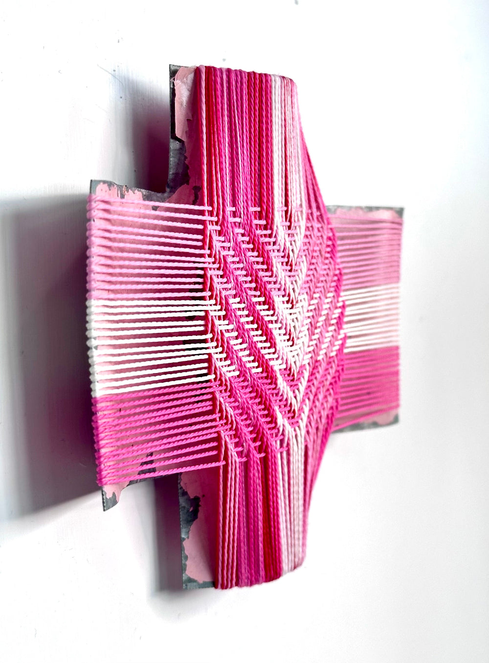 Tickled Pink II, Gilly Sheffield, rescued corrugated iron cross with thread