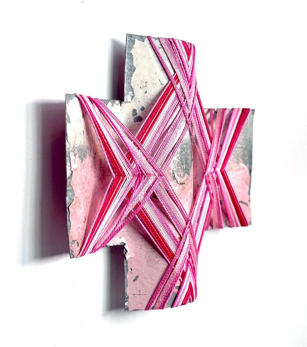 Tickled Pink IV, Gilly Sheffield, recycled corrugated iron and thread wall hanging cross