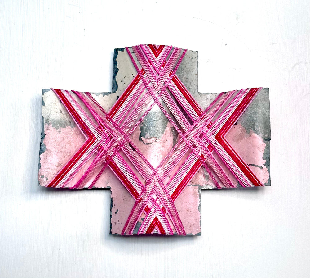 Tickled Pink IV, Gilly Sheffield, recycled corrugated iron and thread wall hanging cross
