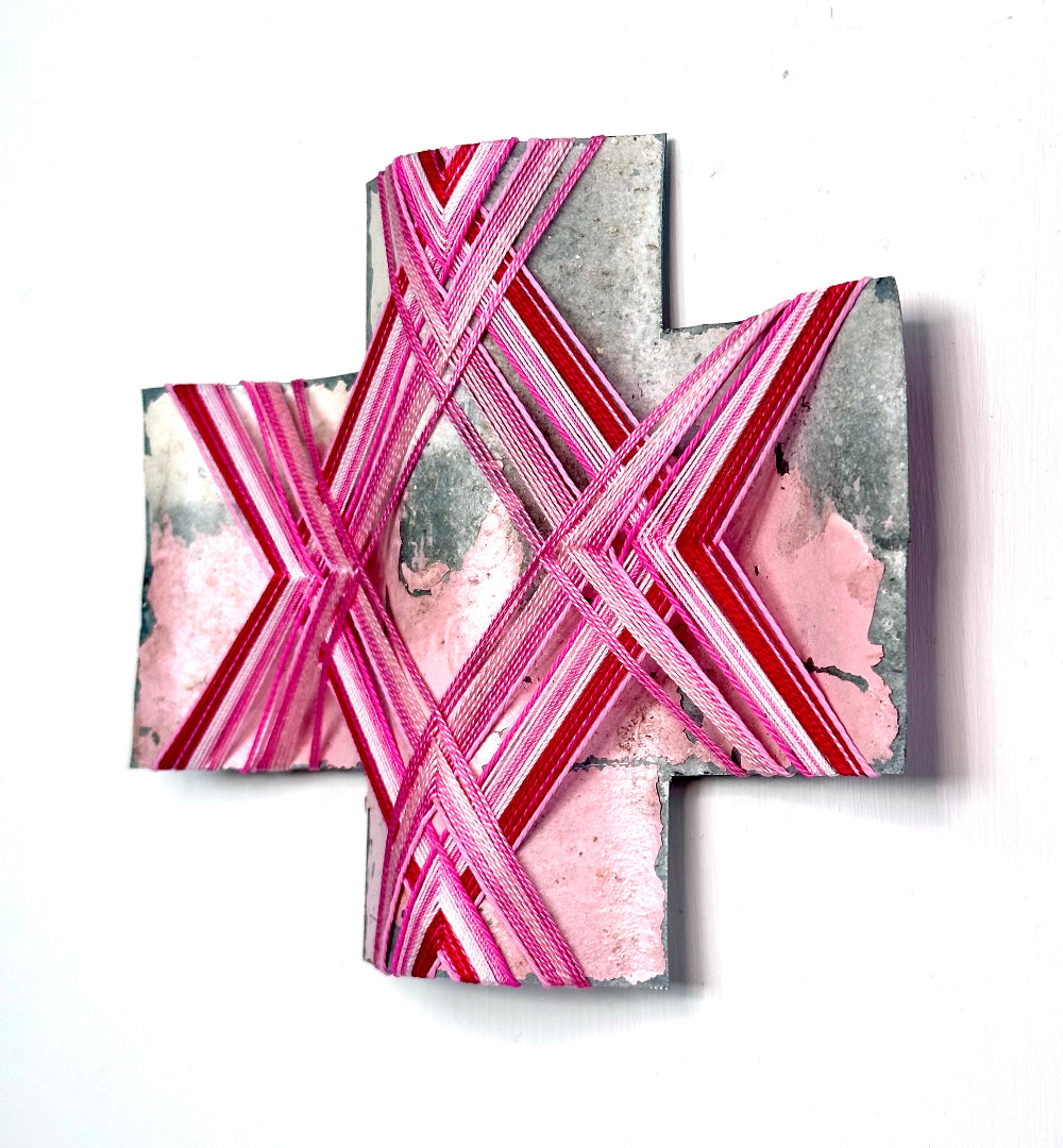 Tickled Pink IV, Gilly Sheffield, recycled corrugated iron and thread wall hanging cross