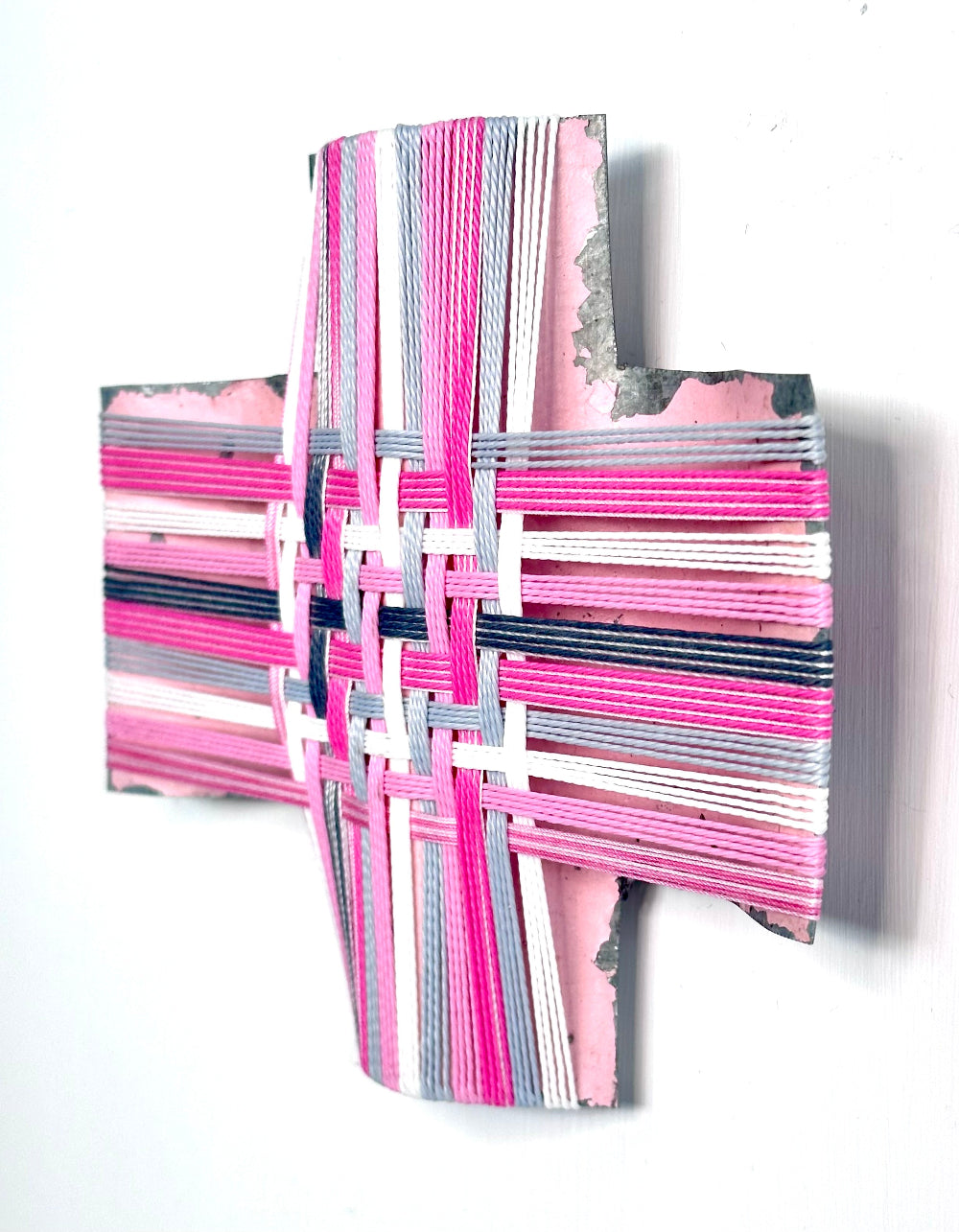 Tickled Pink I, Gilly Sheffield, rescued corrugated iron cross with thread