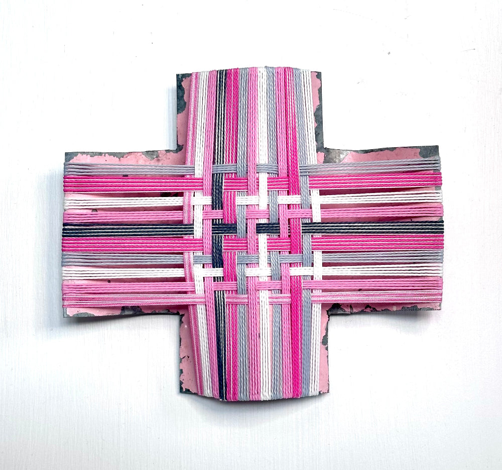 Tickled Pink I, Gilly Sheffield, rescued corrugated iron cross with thread