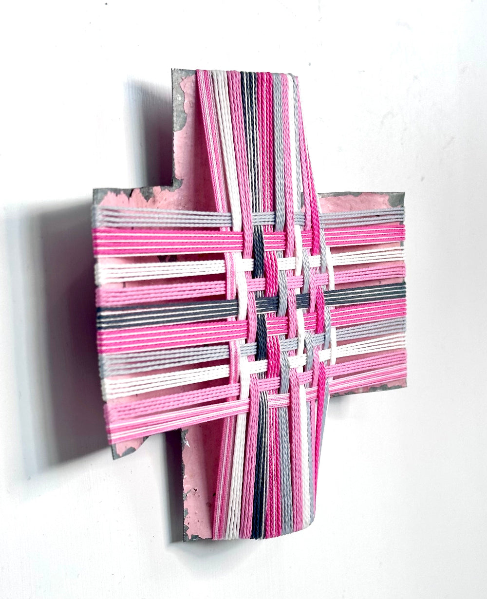 Tickled Pink I, Gilly Sheffield, rescued corrugated iron cross with thread