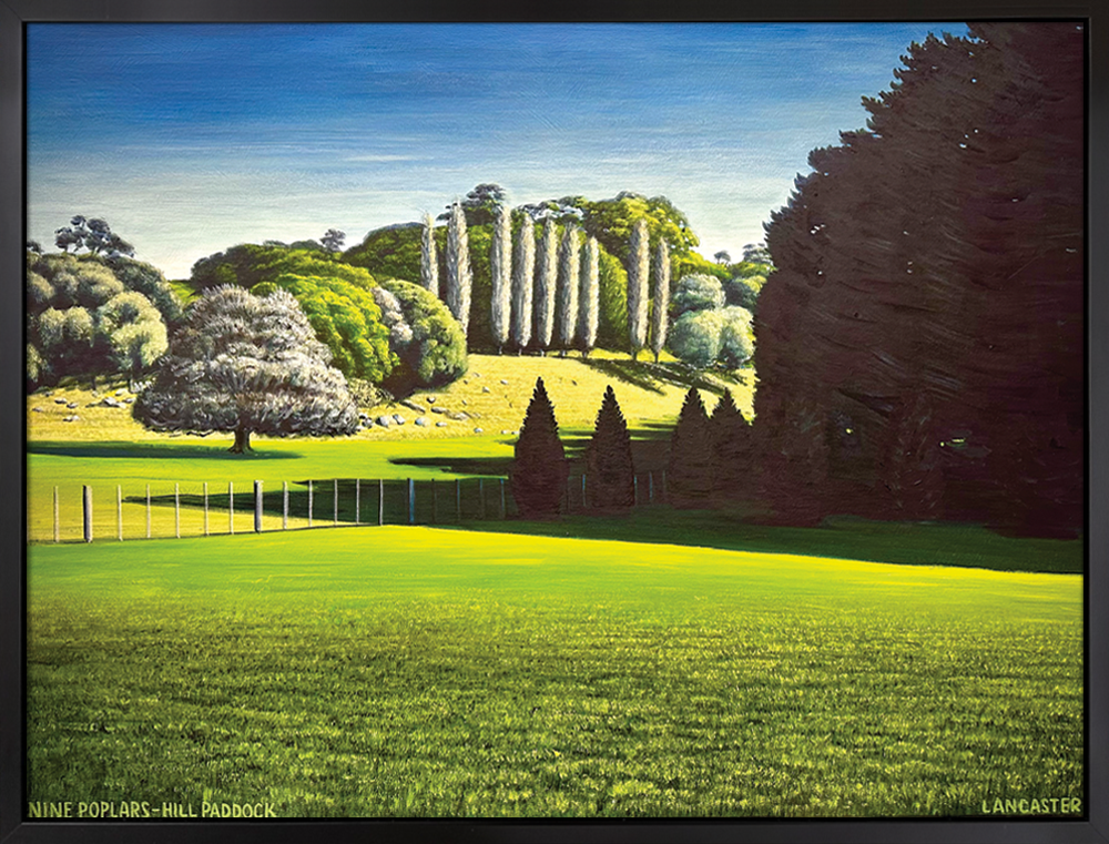 NINE POPLARS - HILL PADDOCK, 2025, Josh Lancaster acrylic on canvas painting 
