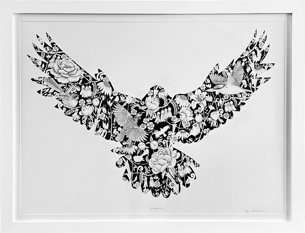 Kārearea | Bec Robertson | Ink on illustration board, framed | Painting | Shift into Neutral Exhibition | Turua Gallery