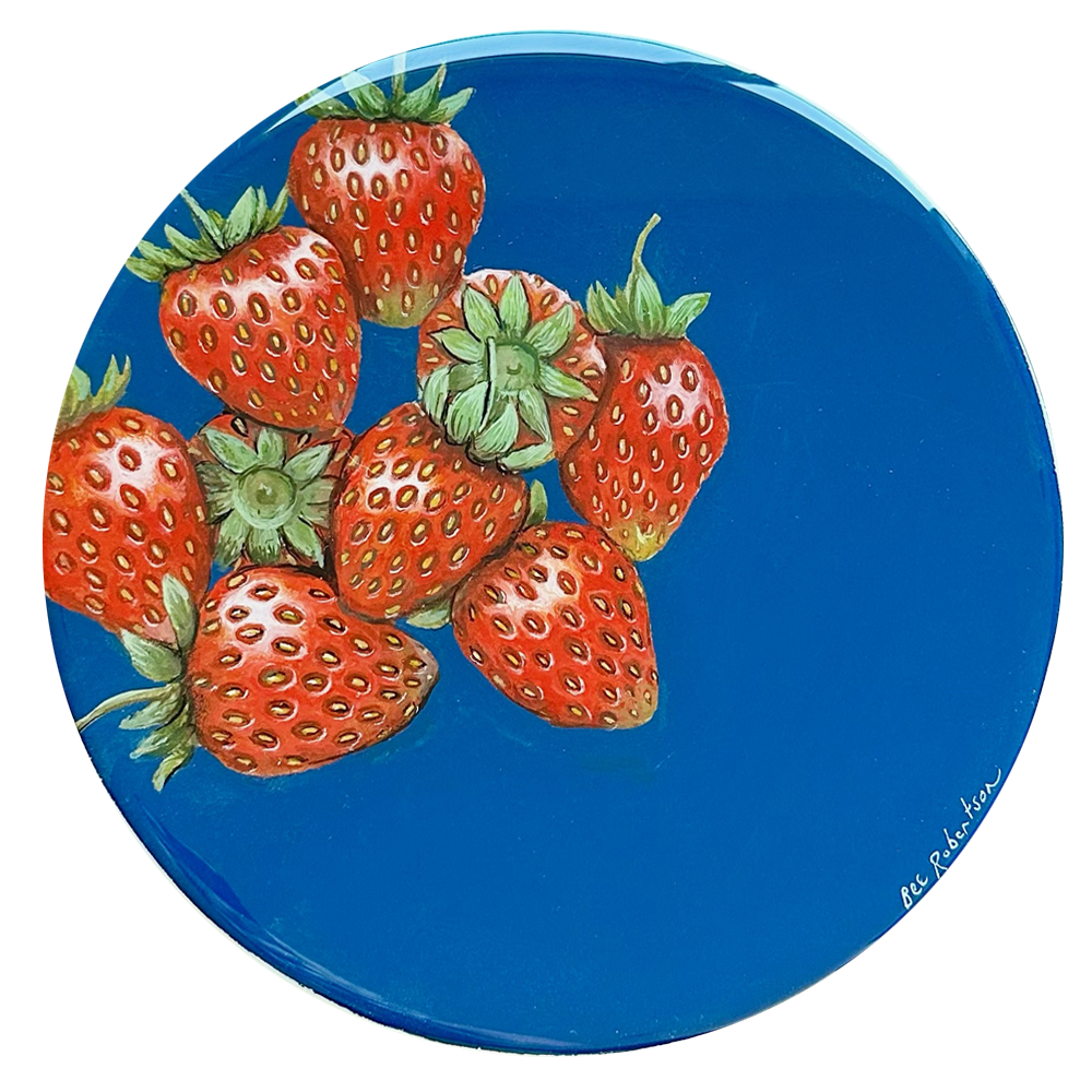 Bec Robertson Summer Strawbs watercolour and acrylic on wood with poured resin finish 