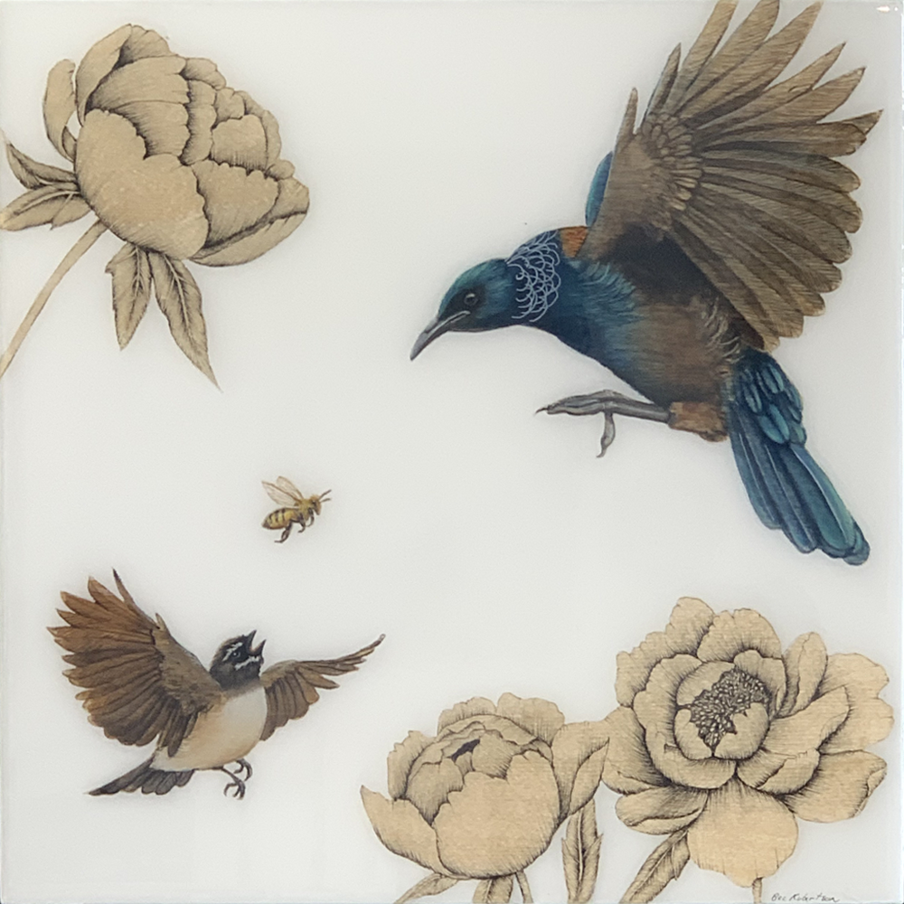 Who Will Bee The Winner Acrylic water on wood, resin Bec Robertson