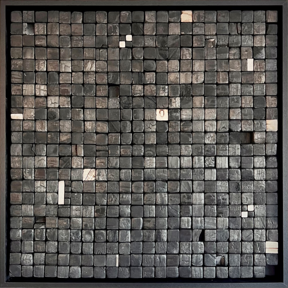 Equilibrium Recycled Charred beehives sculpture by Claudia Aalderink