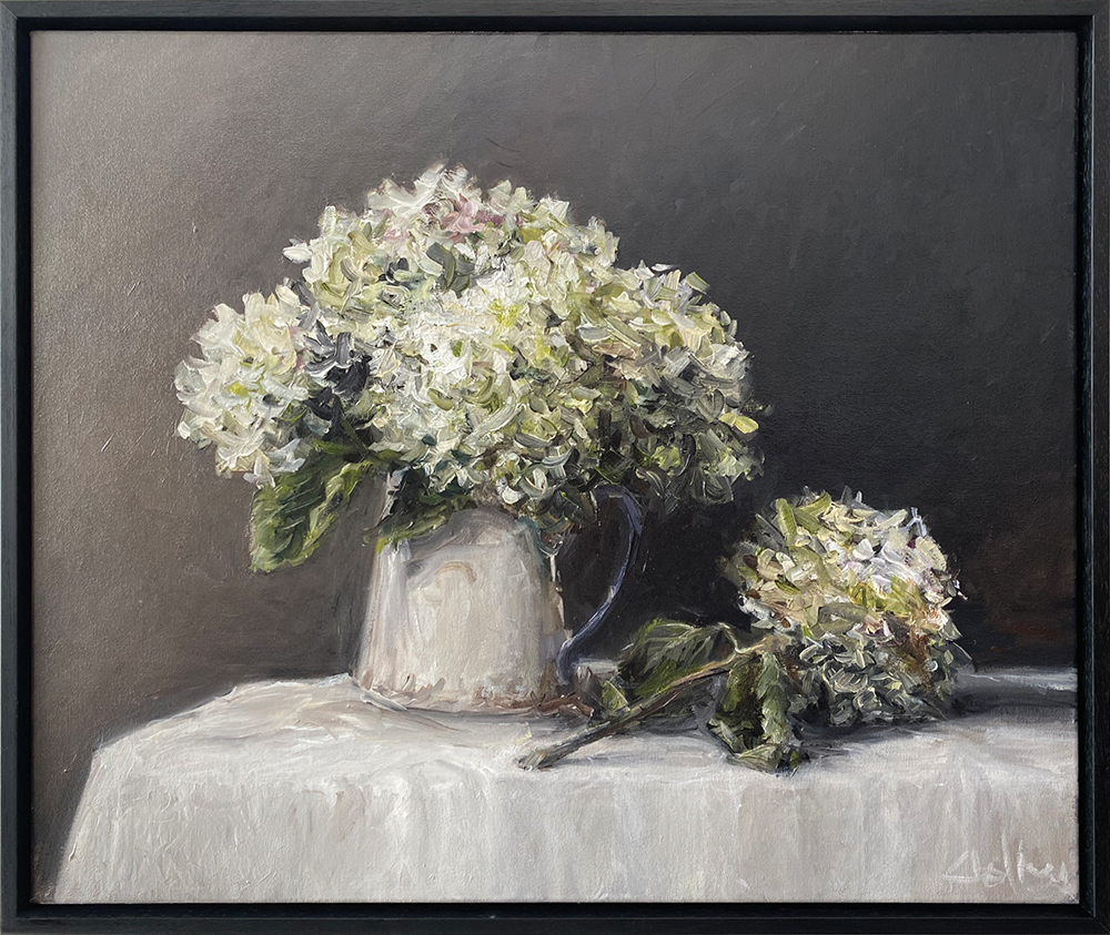 White Blooms oil painting of hydrangeas floral by Dean Wallace