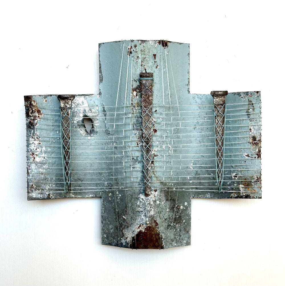 Gilly Sheffield, Blue Sky Dreaming - The Arrivals, Corrugated iron wall sculpture
