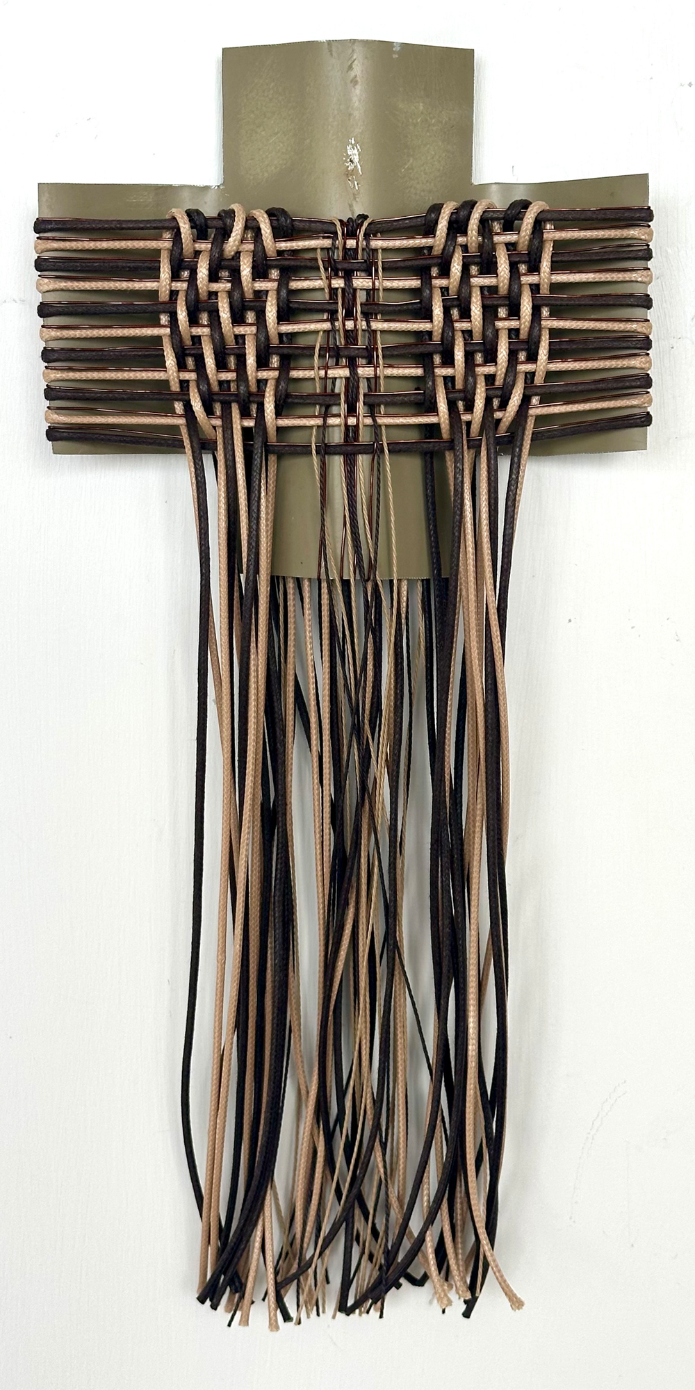 Gilly Sheffield | All That Glitters - Cloak | Rescued corrugated iron from Lake Hāwea, woven with waxed cord and old washing line wire | Shift into Neutral Exhibition | Turua Gallery