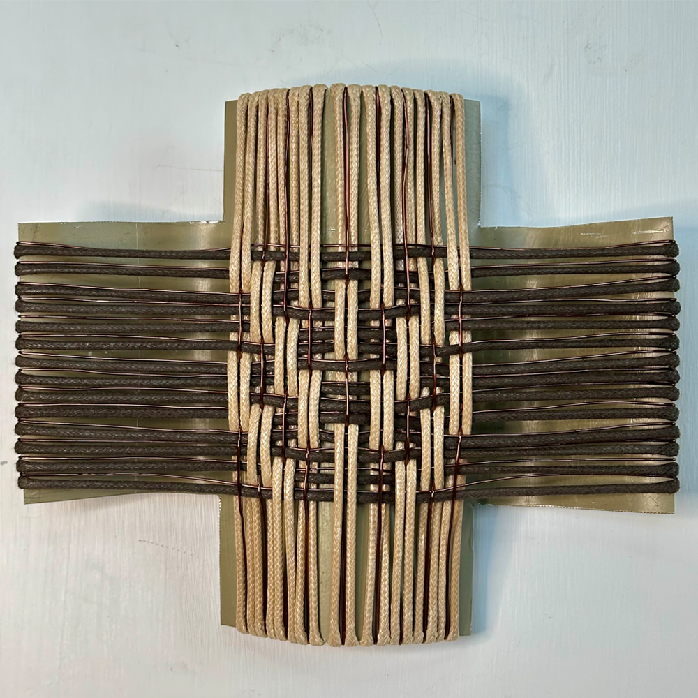 Gilly Sheffield | All That Glitters II | Rescued corrugated iron from Lake Hāwea, woven with waxed cord and old washing line wire | Shift into Neutral Exhibition | Turua Gallery 