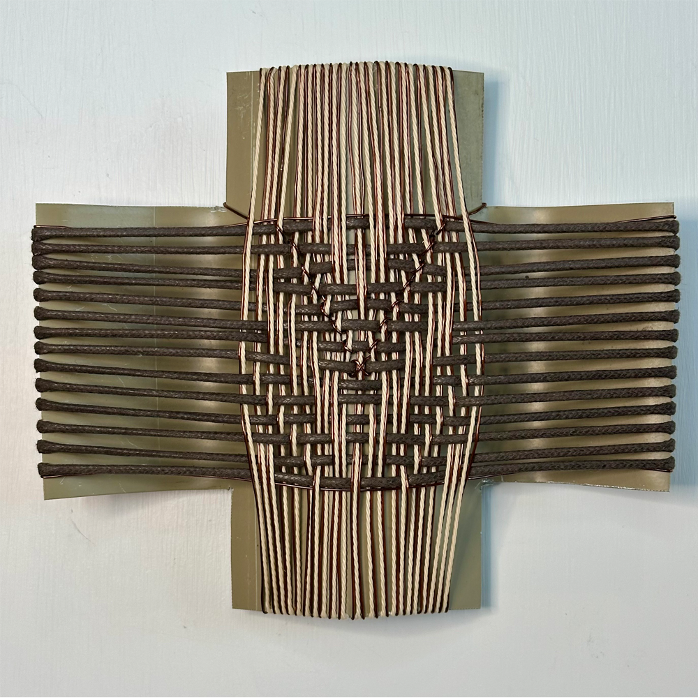 Gilly Sheffield | All That Glitters I  Rescued corrugated iron from Lake Hāwea, woven with waxed cord and old washing line wire | Shift into Neutral Exhibition | Turua Gallery