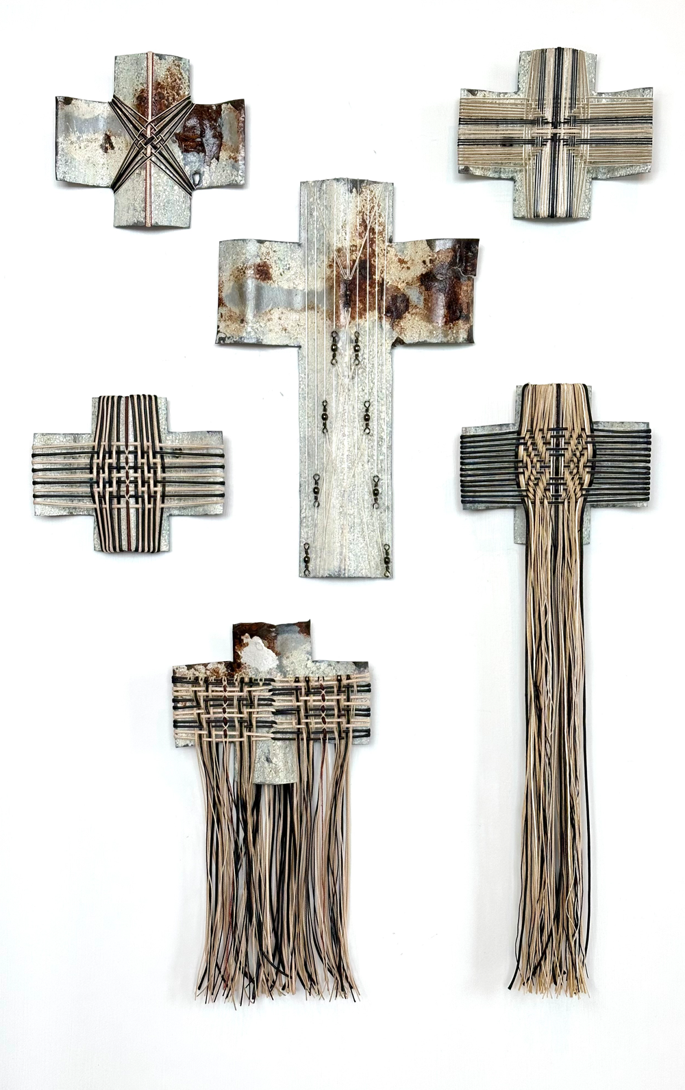 Aotearoa series group shot Corrugated iron woven wall sculpture Gilly Sheffield Shift into Neutral exhibition