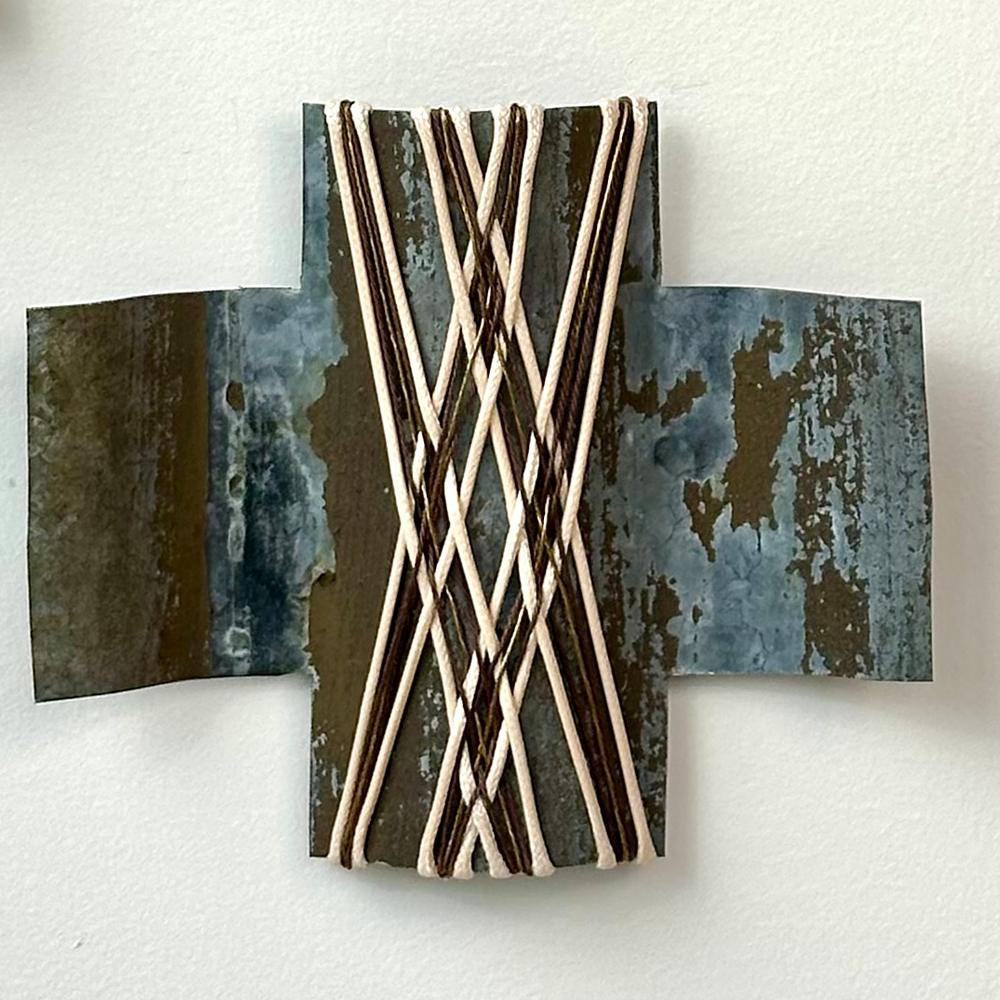 Gilly Sheffield | Down to Earth 2 | Rescued corrugated iron from Wānaka, woven with waxed cord and found picture framing wire | Shift into Neutral Exhibition | Turua Gallery