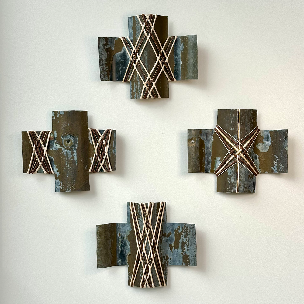 Down to Earth 1 | Gilly Sheffield | Rescued corrugated iron from Wānaka, woven with waxed cord and found picture framing wire | Shift into Neutral Exhibition | Turua Gallery