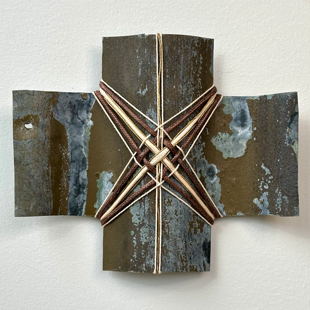 Gilly Sheffield | Down to Earth - The Way Home | Rescued corrugated iron from Wānaka, woven with waxed cord and found picture framing wire | Shift into Neutral Exhibition | Turua Gallery