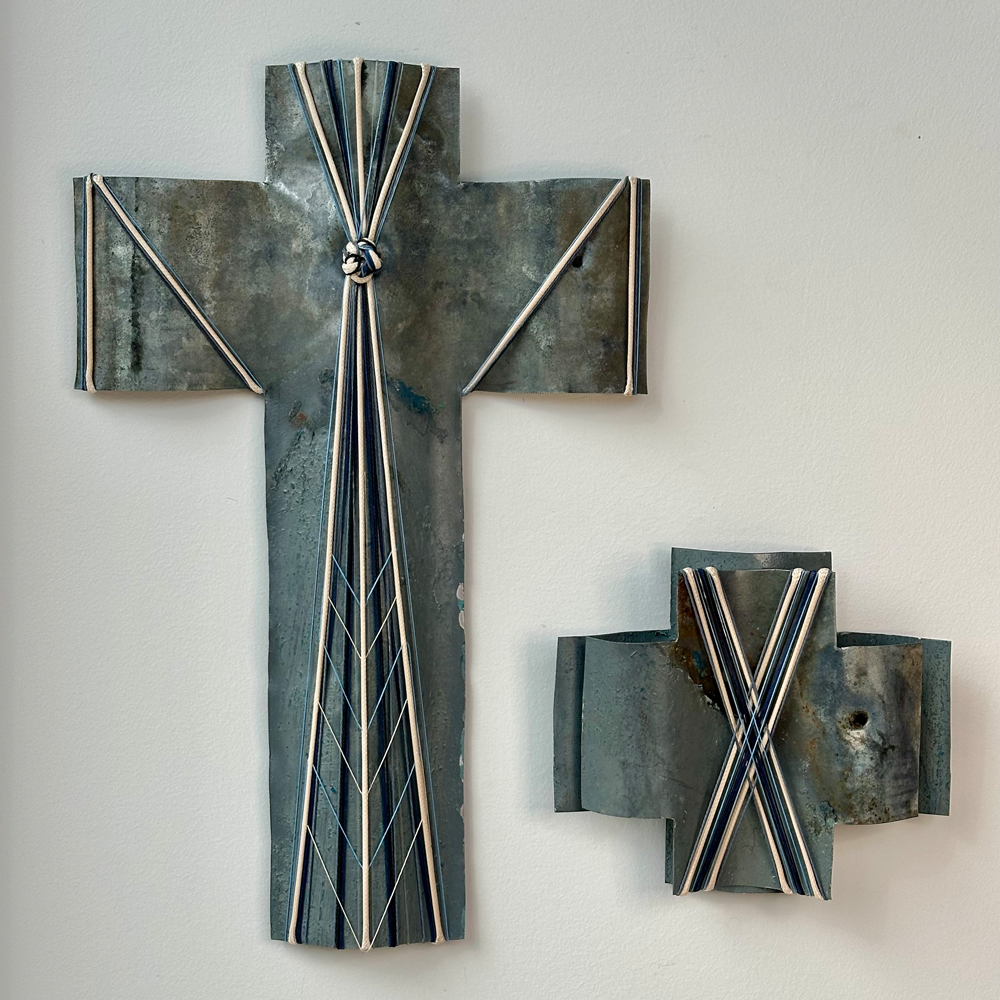 Ironsand Village - Kia Kaha | Gilly Sheffield | Rescued corrugated iron from Tāmaki Makaurau Auckland, waxed cord, mercerised thread, fishing line and preloved fishing hooks | Shift into Neutral Exhibition | Turua Gallery