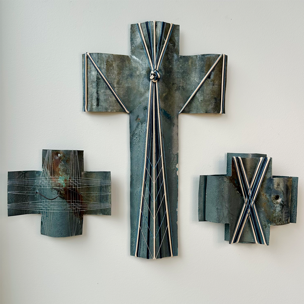 Ironsand Village - Kia Kaha | Gilly Sheffield | Rescued corrugated iron from Tāmaki Makaurau Auckland, waxed cord, mercerised thread, fishing line and preloved fishing hooks | Shift into Neutral Exhibition | Turua Gallery
