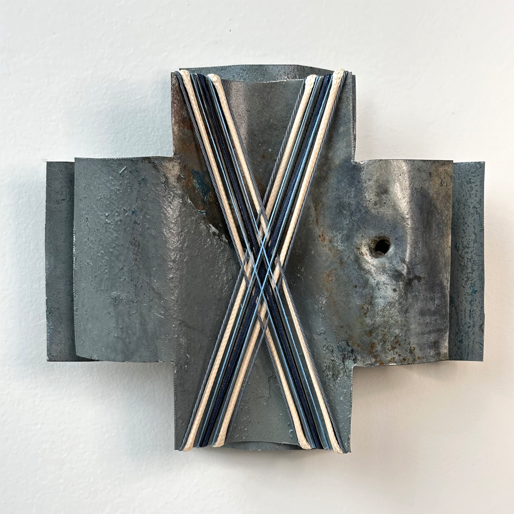 Ironsand Village - Kia Kaha | Gilly Sheffield | Rescued corrugated iron from Tāmaki Makaurau Auckland, waxed cord, mercerised thread, fishing line and preloved fishing hooks | Shift into Neutral Exhibition | Turua Gallery