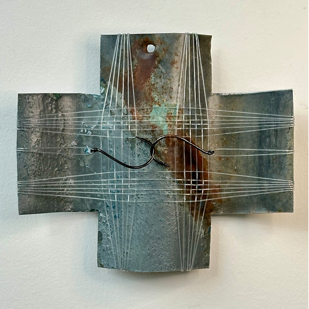 The Catch | Gilly Sheffield | Rescued corrugated iron from Tāmaki Makaurau Auckland, waxed cord, mercerised thread, fishing line and preloved fishing hooks | Shift into Neutral Exhibition | Turua Gallery