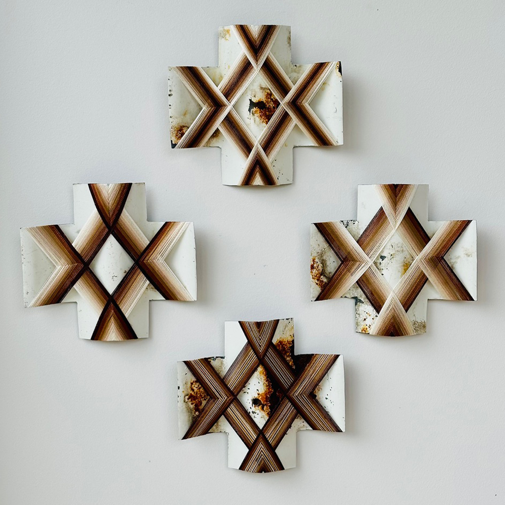 Second Chances I | Gilly Sheffield | Rescued corrugated iron from Ōtautahi Christchurch woven with mercerised thread | Shift into Neutral Exhibition | Turua Gallery