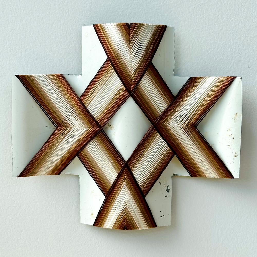 Second Chances III | Gilly Sheffield | Rescued corrugated iron from Ōtautahi Christchurch woven with mercerised thread | Shift into Neutral Exhibition | Turua Gallery