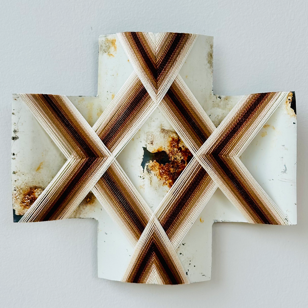 Second Chances IV | Gilly Sheffield | Rescued corrugated iron from Ōtautahi Christchurch woven with mercerised thread | Shift into Neutral Exhibition | Turua Gallery