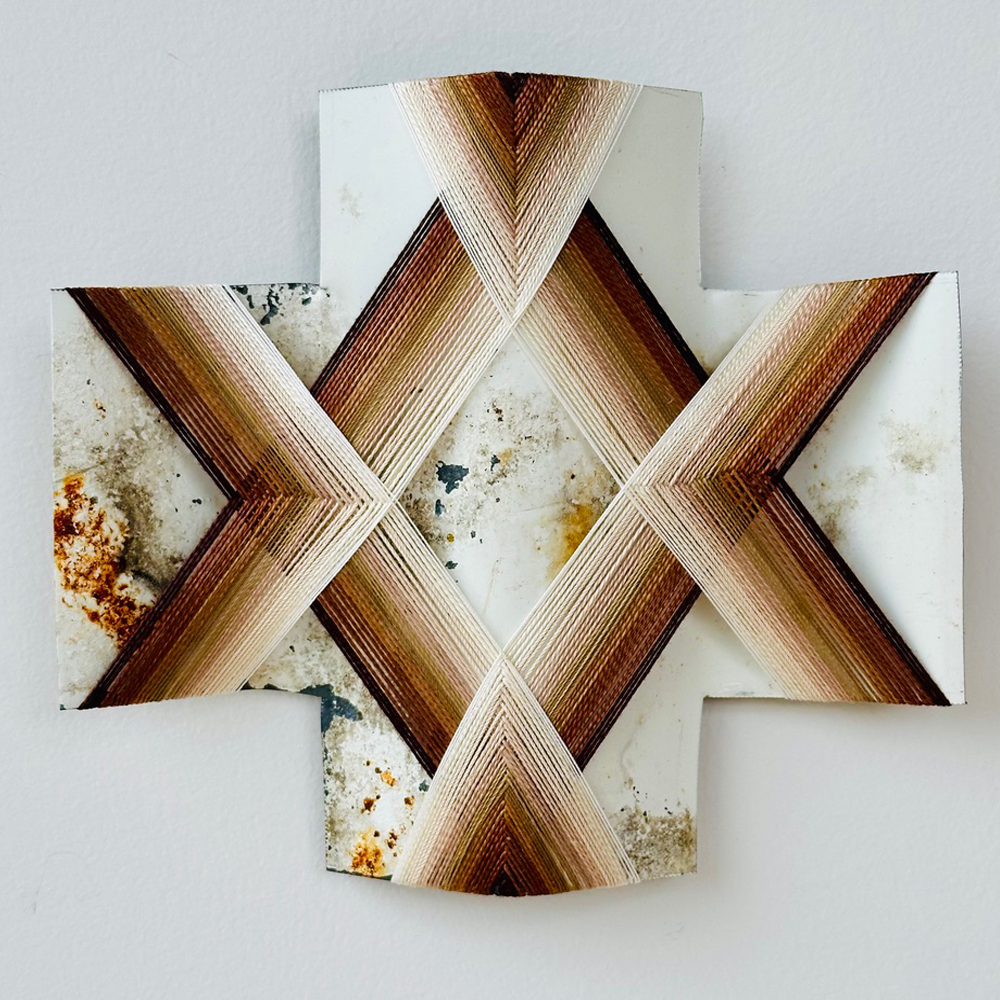 Second Chances I | Gilly Sheffield | Rescued corrugated iron from Ōtautahi Christchurch woven with mercerised thread | Shift into Neutral Exhibition | Turua Gallery