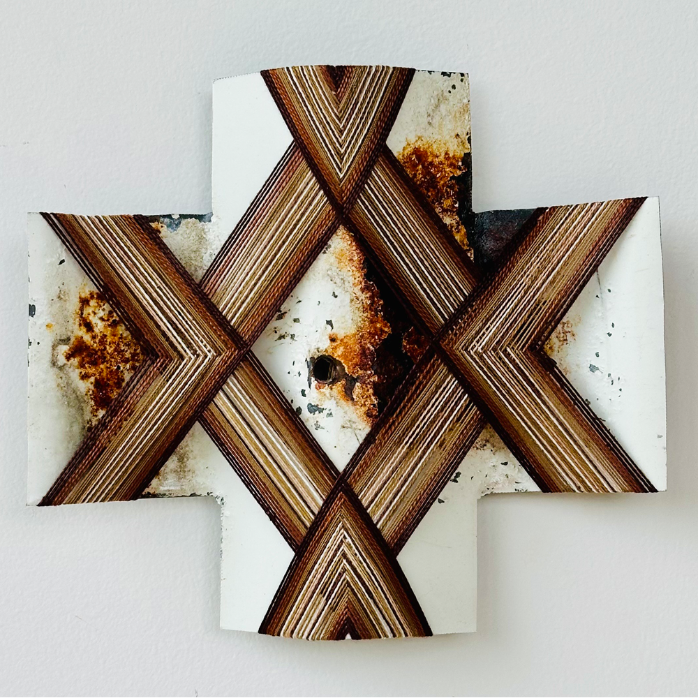 Second Chances V | Gilly Sheffield | Rescued corrugated iron from Ōtautahi Christchurch woven with mercerised thread | Shift into Neutral Exhibition | Turua Gallery