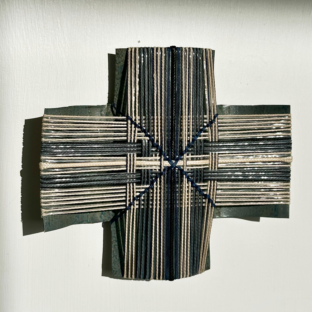 Ironsand Village - Better Together Corrugated iron sculpture with thread Gilly Sheffield