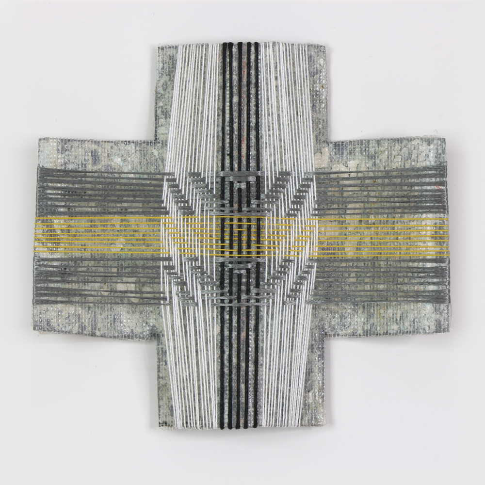 Gannet Takapu Corrugated Histories cross with corrugated iron and thread by Gilly Sheffield