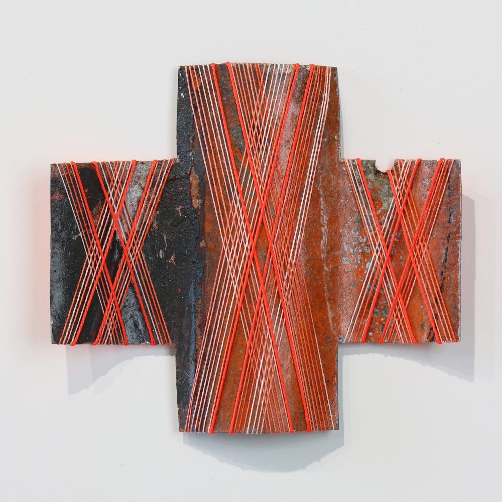 Solar Flare 4 sculpture, corrugated Iron and waxed thread by Gilly Sheffiled
